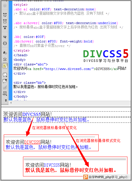 DIV CSS默认与鼠标悬停浏览器测试效果截图