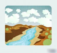 AI运用纹理绘制复古的山谷小溪风景插画_Illustr