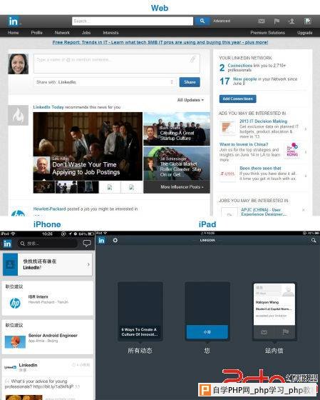 图为 LinkedIn 的 Web、iPhone 和 iPad 版。